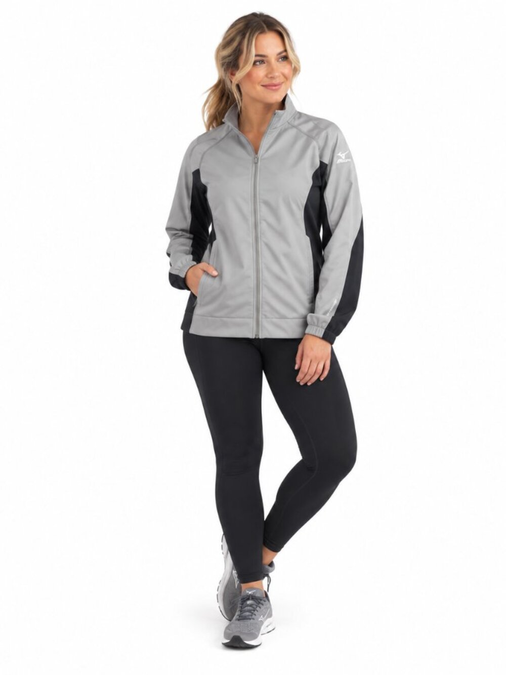 Mizuno Womens L Performance Running Track Jacket Gray Black Full Zip